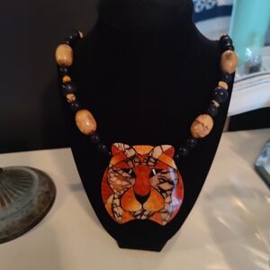 Vintage Karla Jordan Stone Inlay Beaded Bold Tiger Head Necklace